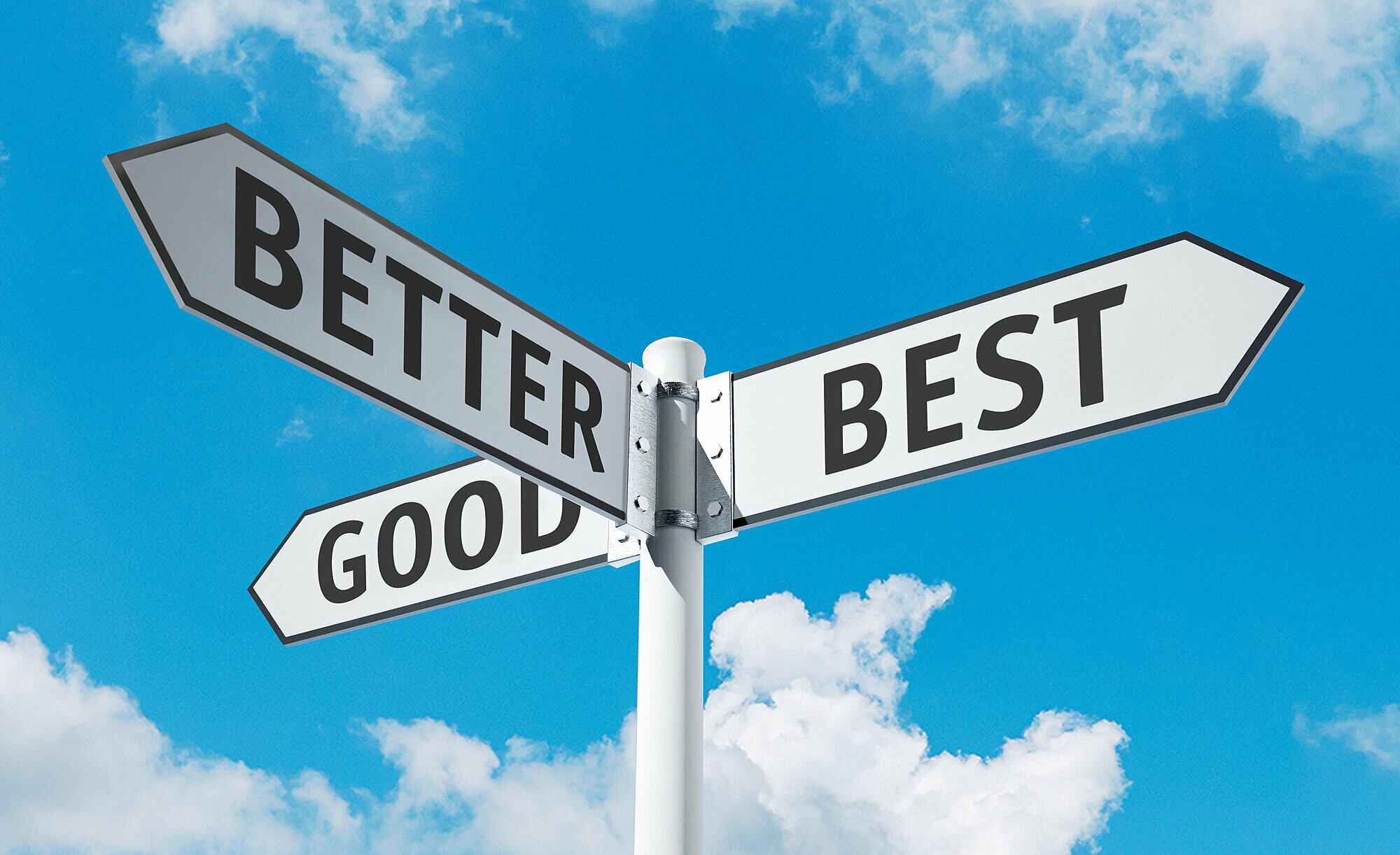 Wegschilder mit der Aufschrift "Better", "Good" und "Best"