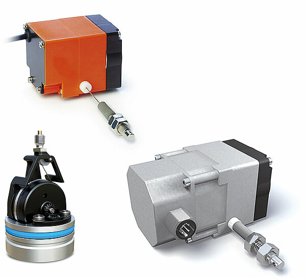 Tres transductores de cable SIKO para diferentes longitudes de medición