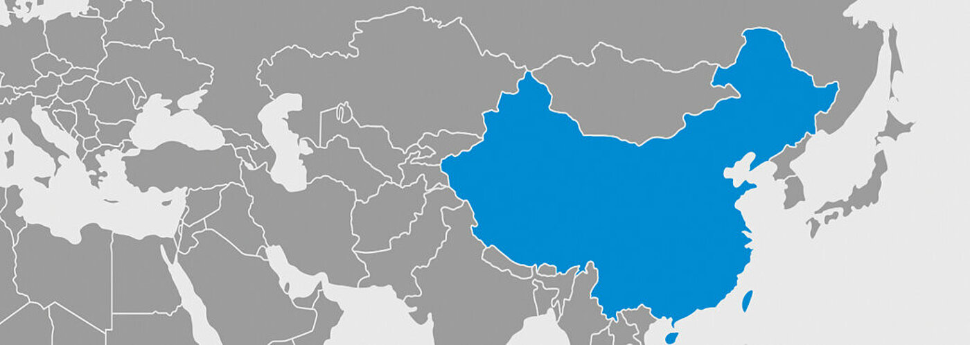 Global map marked with blue in China