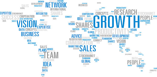 World map consisting of keywords from the business world