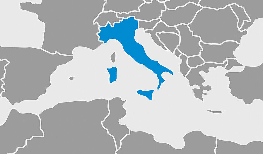 World map marked with blue for Italy