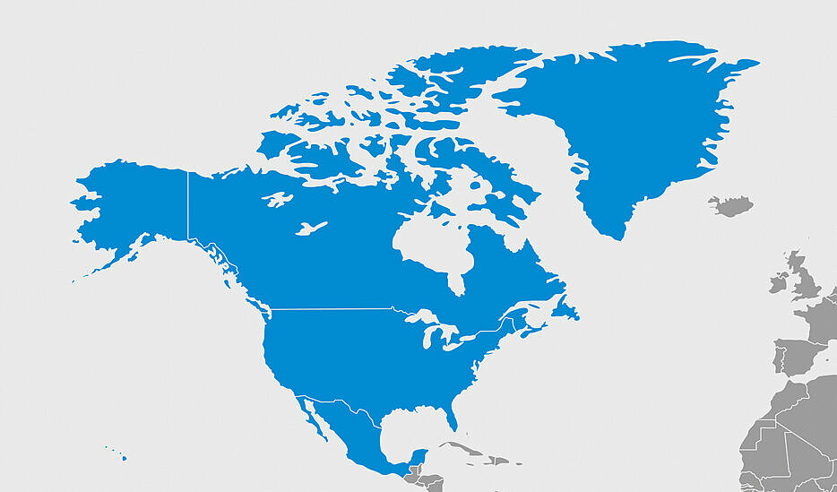 Carte du monde avec l'Amérique du Nord marquée en bleu