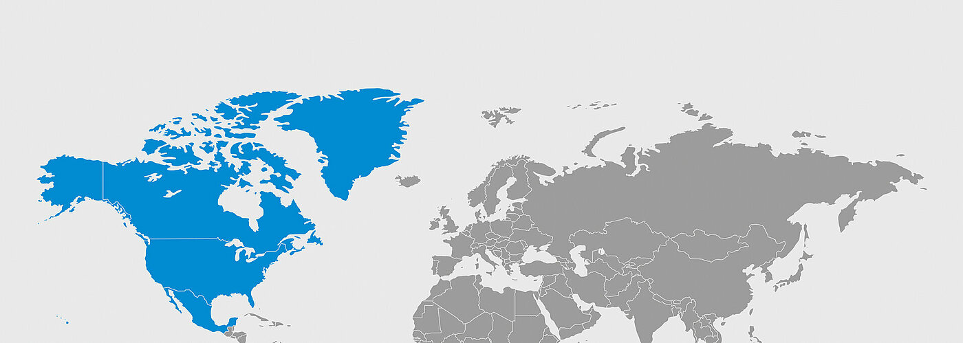 World map with North America marked in blue