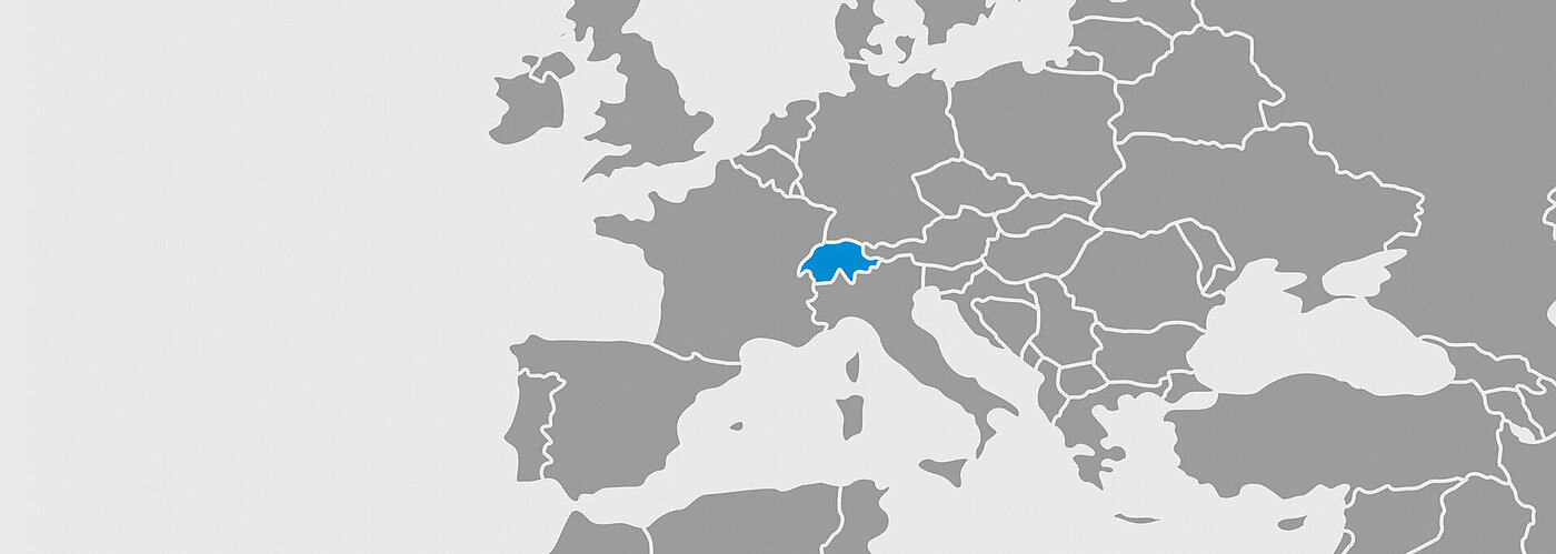 Mapa mundial marcado en azul con Suiza