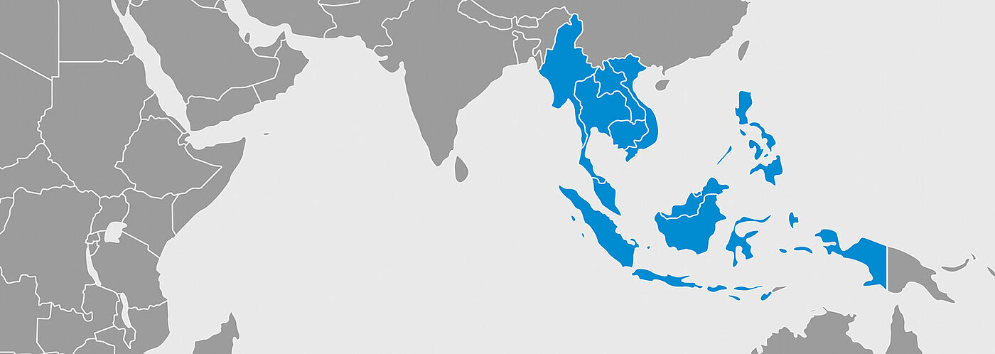 World map marked in blue showing Southeast Asia